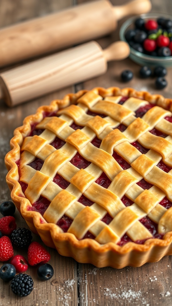 A golden lattice pie crust filled with berry filling, displayed on a wooden table with fresh berries.